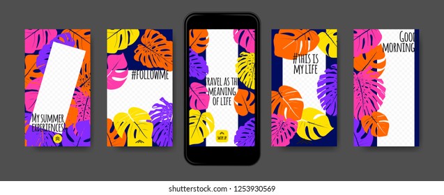 Tropic Template for Social Media Stories. Philodendron Leaf and Photo Frame. Tropical Screen Wallpaper for Smart Phone, Mobile. Social Network Story Design with Swipe Up. Tropic Cover, Floral Pattern.