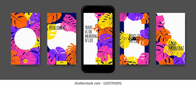 Tropic Template for Social Media Stories. Philodendron Leaf and Photo Frame. Tropical Screen Wallpaper for Smart Phone, Mobile. Social Network Story Design with Swipe Up. Tropic Cover, Floral Pattern.