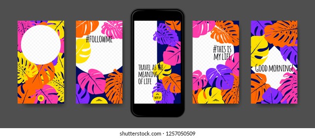 Tropic Template for Social Media Stories. Philodendron Leaf and Photo Frame. Tropical Screen Wallpaper for Smart Phone, Mobile. Social Network Story Design with Swipe Up. Tropic Cover, Floral Pattern.