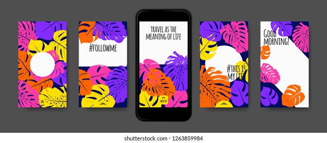 Tropic Template for Social Media Stories. Philodendron Leaf and Photo Frame. Tropical Screen Wallpaper for Smart Phone, Mobile. Social Network Story Design with Swipe Up. Tropic Cover, Floral Pattern.