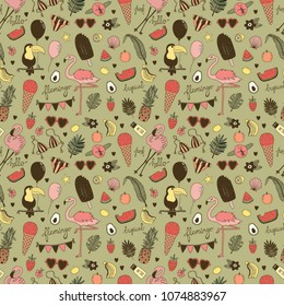 Tropic vacation. Vector hand drawn seamless pattern