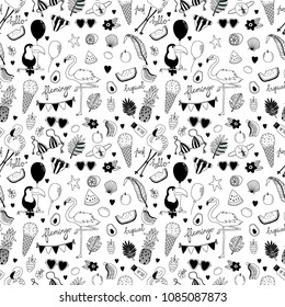 Tropic vacation. Vector hand drawn seamless pattern