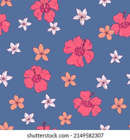 Tropic vector seamless pattern with hibiscus and plumeria. Summer decoration print for wrapping, wallpaper, fabric. Seamless vector texture.