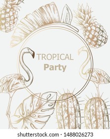 Tropic vintage pattern with flamingo and pineapple Vector. Retro extotic paradise shiny design texture