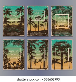 Tropic vintage posters set with palms and frame for text. Collection of retro mock up for book, brochures, flyers and advertising size A4.