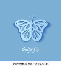 Tropical 3d butterfly in paper cut style. Beautiful lacewing element of romantic valentine card cut out of cardboard. Cute origami fly insect for wedding invitation template. Vector illustration.