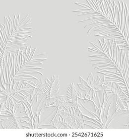 Tropical 3d en relieve hojas de palma con textura patrón de arte de línea moderna. Flores en relieve, hojas de fondo de Vector blanco botánico. Doodle dibujado a mano superficie flores, hojas. Adornos de flores de grunge en relieve