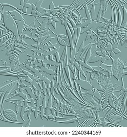 Tropical 3d leafy seamless pattern. Textured emboss vector background. Repeat surface floral backdrop. Branches and leaves 3d embossed ornaments. Endless grunge texture with embossing effect.