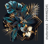 Tropical 3d pattern with surface palm, monstera leaves, exotic flowers, gold lines, rhomus frame. Vector leafy painted background. Floral pattern. Trendy beautiful composition of tropical plants.