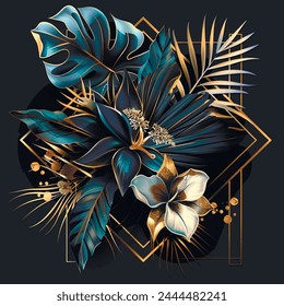 Patrón tropical 3d con palmas superficiales, hojas de monstruos, flores exóticas, líneas doradas, marco de rhomus. Fondo pintado con hojas de Vector. Patrón floral. Hermosa composición de moda de plantas tropicales.