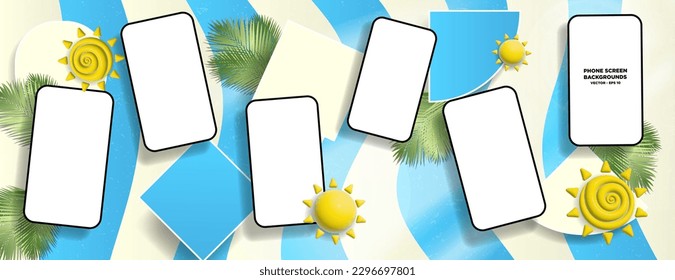 Tropical 3D Phone screen mock up collage on colorful blue and light yellow background with geometric shape designs. Fun and colorful montage with cellphone shaped frames. Editable Vector Illustration.