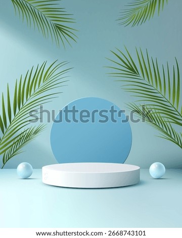 tropical 3d podium display featuring a white cylinder on light blue with a circular backdrop framed by palm leaves ideal for summer product showcase exhibition branding or cosmetic presentation
