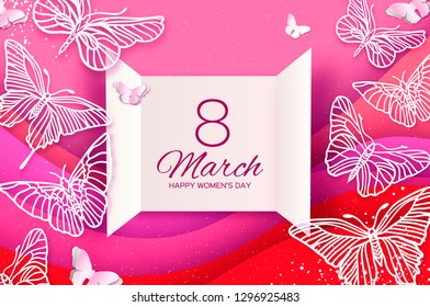 Tropical 8 March. Pink  Women's day greeting card with paper cut butterfly. Origami exotic spring holidays. Text. Open card. Happy Mothers Day.