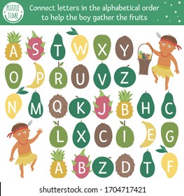 Tropical ABC game with cute characters. Exotic alphabet maze activity for preschool children. Choose letters from A to Z to help the boy gather fruits. Simple summer game for kids
