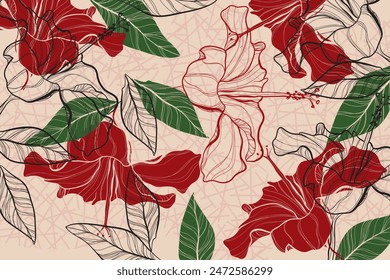 Tropical abctract flower wallpaper design with hibiscus flowers, line art, golden texture. Elegant botanical illustration suitable for fabric, prints, cover.