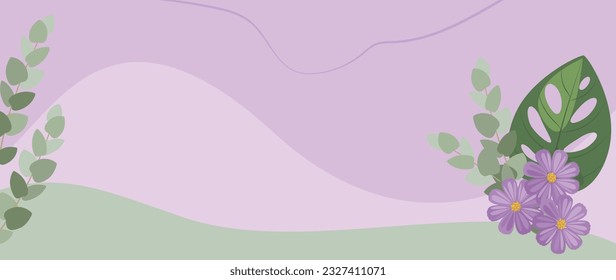 Tropical abstract background of hand drawn cosmos flowers and monstera, eucalyptus leaves. Vector botanical illustration for banner, poster, Web and packaging.  