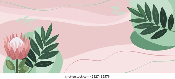 Fondo tropical abstracto de la flor de protea dibujada a mano y hojas. Ilustración botánica vectorial para banner, afiche, web y embalaje.  