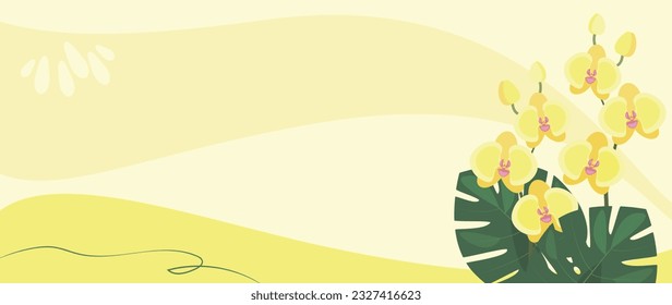 Tropical abstract background of hand drawn orchid flowers and monstera leaves. Vector botanical illustration for banner, poster, Web and packaging. 