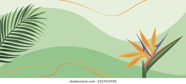 Tropical abstract background of hand drawn strelitzia flower and palm leaf. Vector botanical illustration for banner, poster, Web and packaging.  