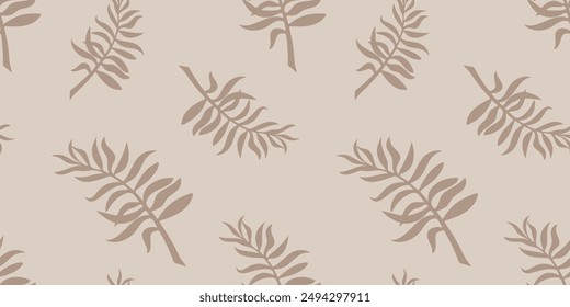 Tropical abstract background with palm leaves seamless pattern. Monochrome boho aesthetic design for fabric, textile, wrapping paper, packaging.