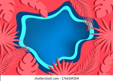 Tropical abstract background with pink jungle leaves and blue fluid shape, vector illustration.