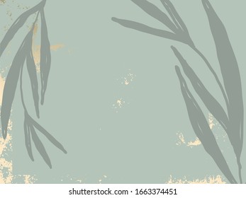 Tropical abstract botanical navy green foliage gold foil dusty background. Chic trendy floral print