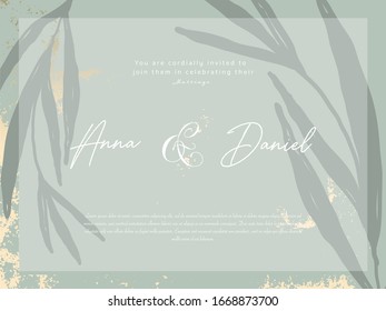Tropical abstract botanical navy green foliage gold foil dusty background. Chic trendy floral print