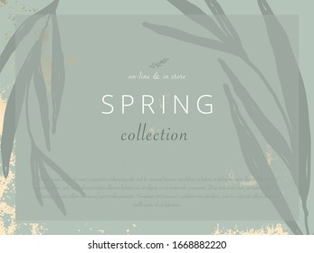 Tropical abstract botanical navy green foliage gold foil dusty background. Chic trendy floral print