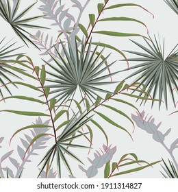 Tropical abstract bright green leaves seamless pattern. Exotic tropical garden for wallpaper, greeting card and fashion design. White background.