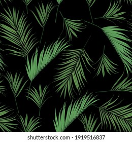 Tropical abstract bright green leaves seamless pattern. Exotic tropical forest for wallpaper, greeting card and fashion design. Black background.