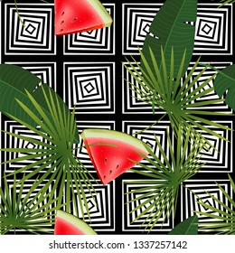 Tropical abstract color and green palm leaves seamless vector pattern on a background of geometric diagonal black and white lines. Realistic watermelon piece.