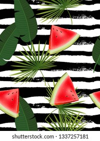 Tropical abstract color and green palm leaves seamless vector pattern on a background of geometric diagonal black and white lines. Realistic watermelon piece.