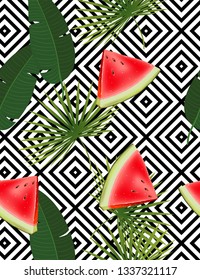 Tropical abstract color and green palm leaves vector pattern on a background of geometric diagonal black and white lines. Realistic watermelon piece.