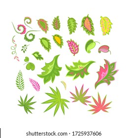 Tropical abstract exotic leaves set isolated on white background. Vector illustration