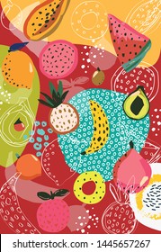 tropical abstract fruit. Jungle exotic background. Hand made drawing. Vector illustration