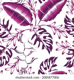 tropical abstract heliconia flowers seamless pattern illustration with banana monstera plants leaves and foliage on white background. Colorful stylish floral. Floral background. Exotic summer design