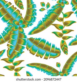 tropical abstract heliconia flowers seamless pattern with banana leaves plants and foliage on white background frangipani flowers drawing. Floral background. Exotic tropics. Summer design. wallpaper