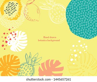 tropical abstract leaf monstera. Jungle exotic background. Hand made drawing. Vector illustration. Yellow backdrop