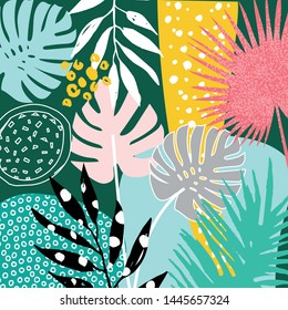 tropical abstract leaf monstera. Jungle exotic background. Hand made drawing. Vector illustration