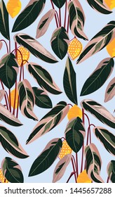 tropical abstract leaves with exotic fruit lemon. Jungle exotic background. Hand made drawing. Vector illustration