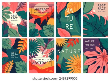 Tropical Abstract Nature. Modern Illustrations of Leaves, Plants, and Landscapes for Posters