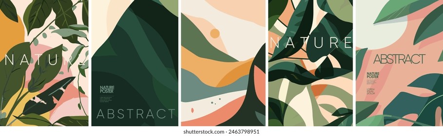 Tropical abstract nature. Vector aesthetic modern illustration of leaves, plants, landscape for interior poster, card, pattern or background