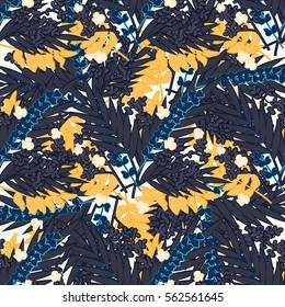 Tropical abstract palm leaves and flowers pattern. Branches and leaves of tropical plants. Vector illustration.