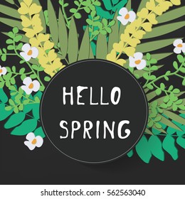 Tropical abstract palm leaves and flowers pattern. Circle frame. Hello spring. Branches and leaves of tropical plants. Vector illustration.