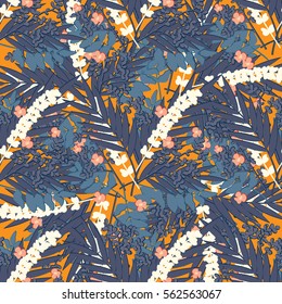 Tropical abstract palm leaves and flowers pattern. Branches and leaves of tropical plants. Vector illustration.