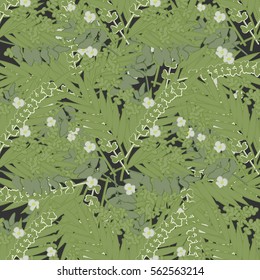 Tropical abstract palm leaves and flowers pattern. Branches and leaves of tropical plants. Vector illustration.