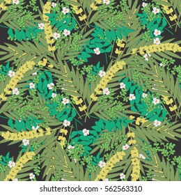 Tropical abstract palm leaves and flowers pattern. Branches and leaves of tropical plants. Vector illustration.