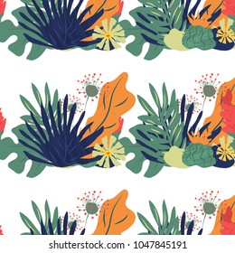 Tropical abstract palm leaves pattern. Branches and leaves of tropical plants. Vector illustration.