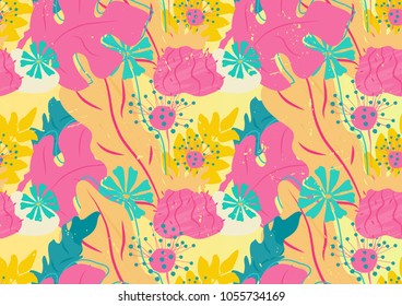 Tropical abstract palm leaves pattern. Branches and leaves of tropical plants. Vector illustration.