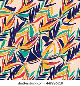 Tropical abstract palm leaves pattern. Branches and leaves of tropical plants. Vector illustration.